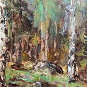 Original Swedish Oil on Canvas – “Birch Forest” by John Sköld – Signed – Dated 1954 – Framed – 40 × 40 cm