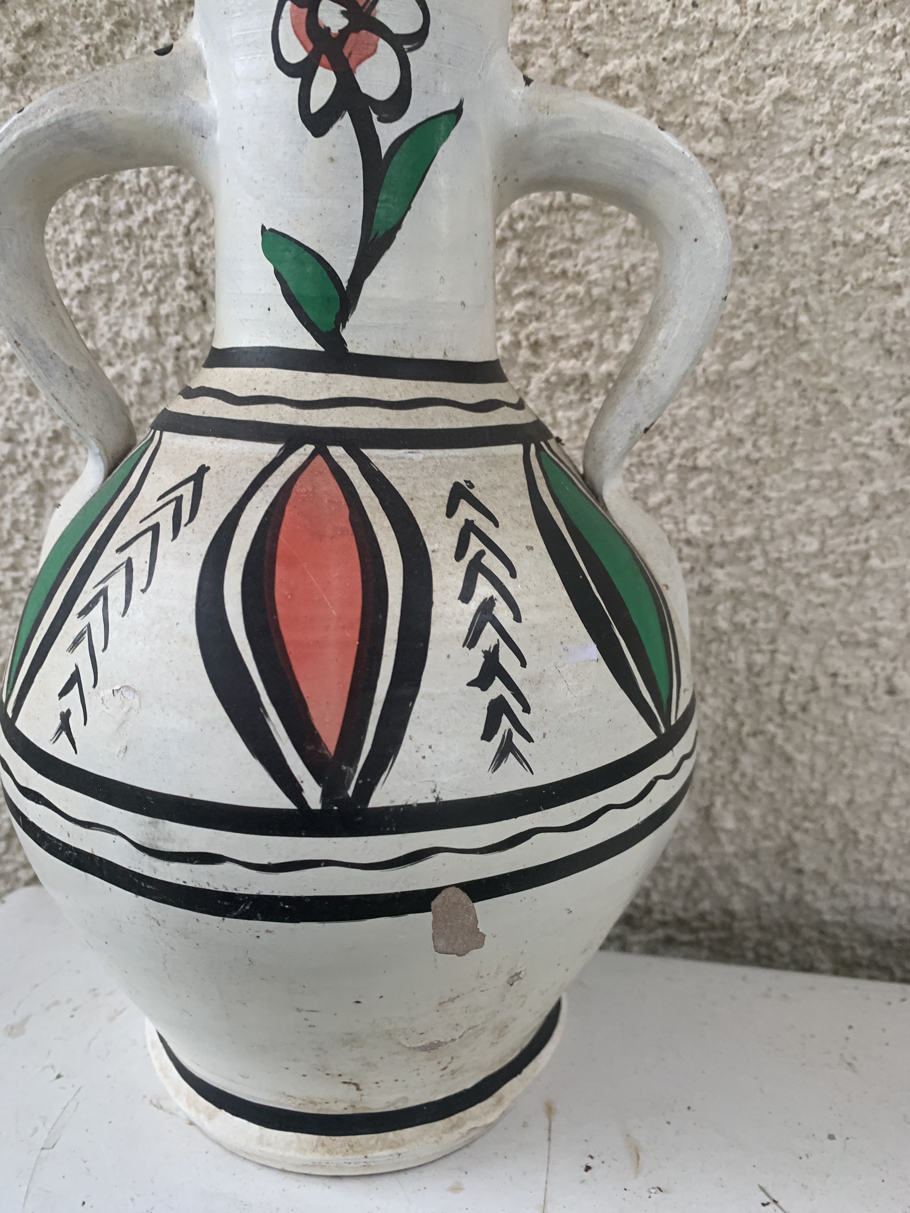 Pair of amphora vase, vintage artisanal and oriental pottery