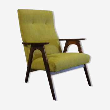 Spacious rosewood lounge chair reupholster with a fine broom yellow fabric