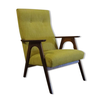 Spacious rosewood lounge chair reupholster with a fine broom yellow fabric