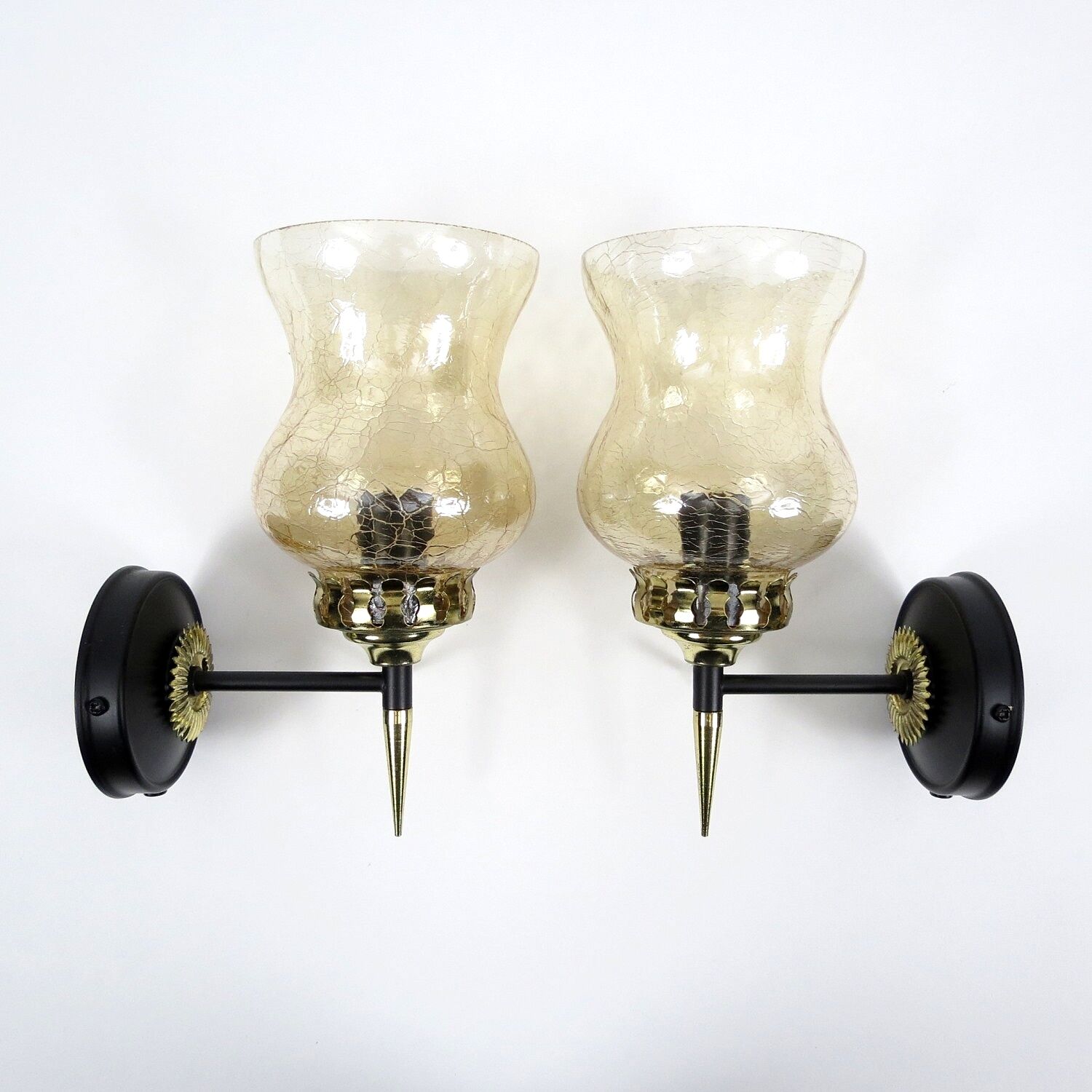Pair of french brass and cracked glass wall lights, 1950s