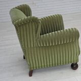 1950s, Danish relax armchair, green furniture velour fabric, ash wood legs.