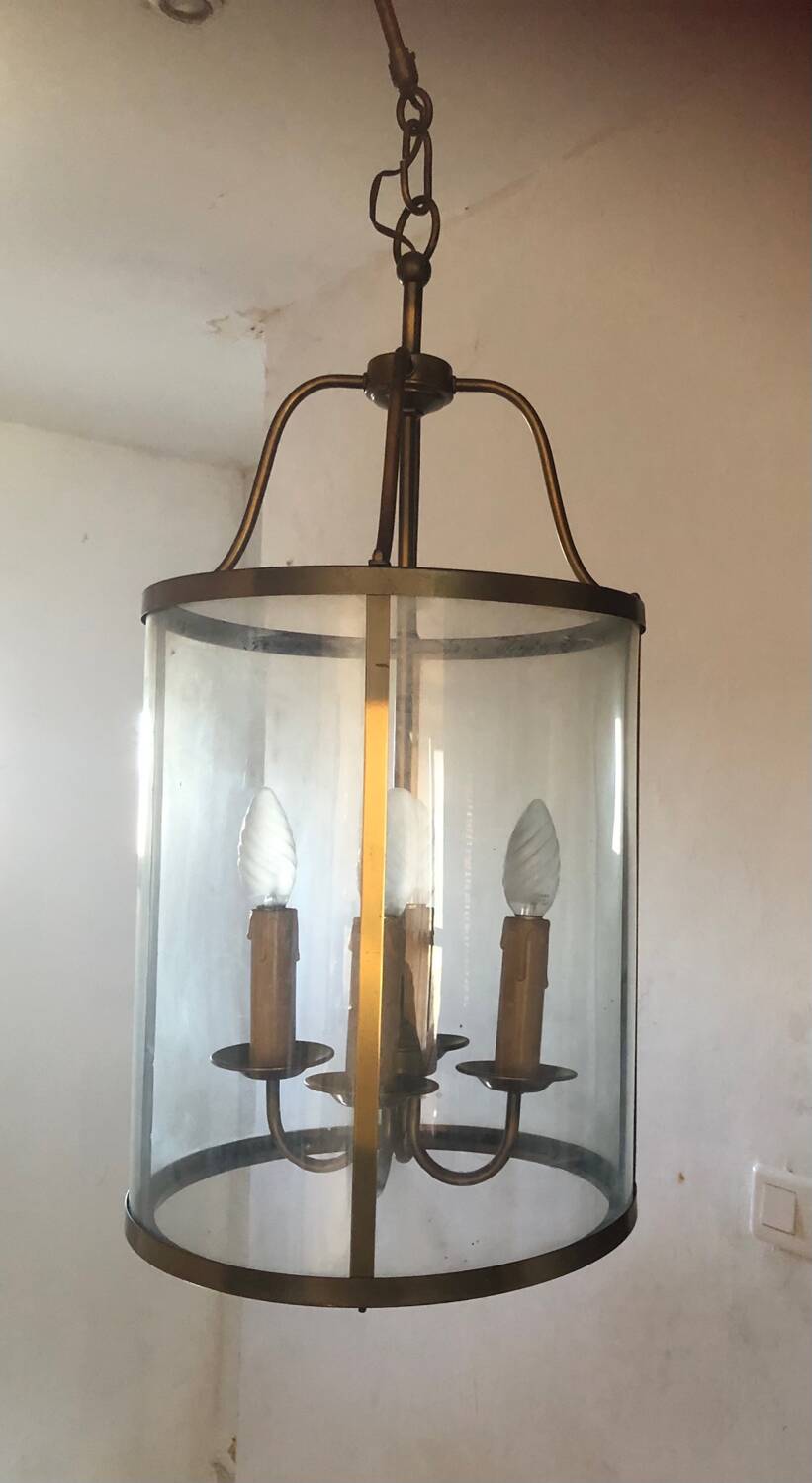 Large round lantern pendant in brass and glass