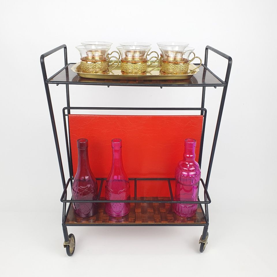 Vintage trolley magazine rack side table, 1960