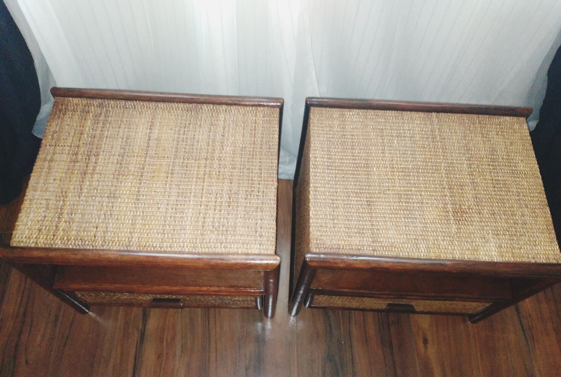 Pair of rattan and bamboo bedside tables, vintage