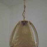 French ceiling light in gold metal with 4 decorative glass panels.