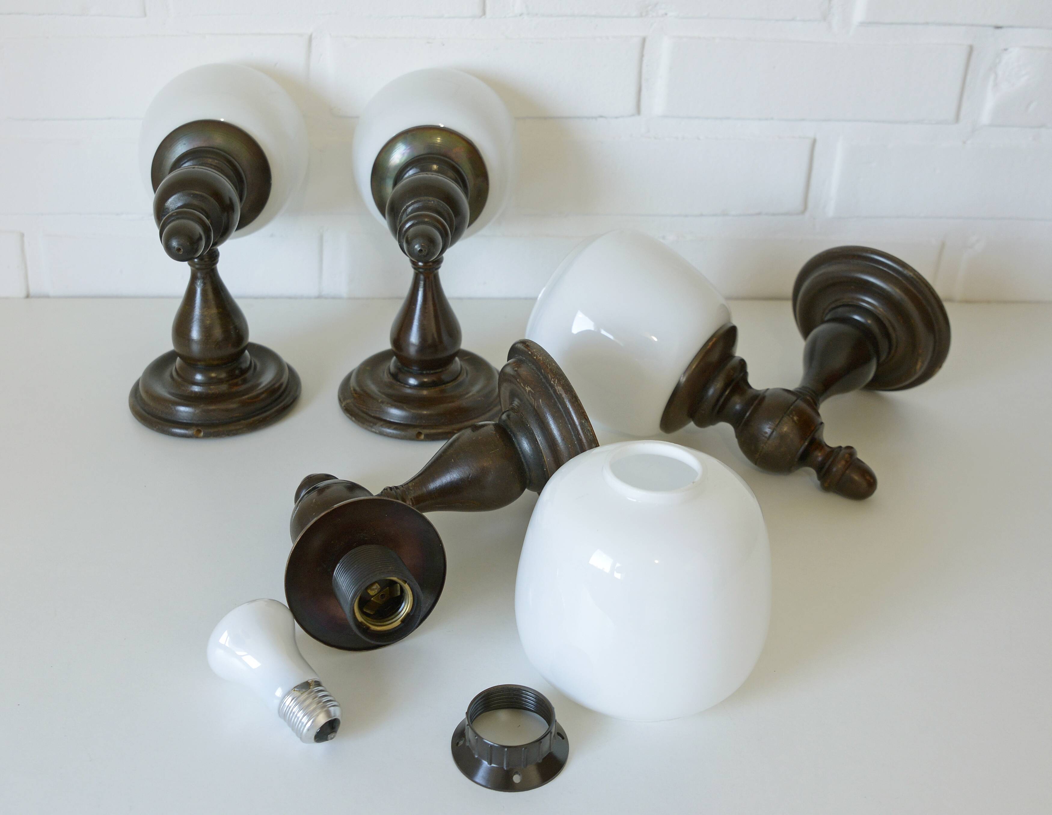 Set of 4 Vintage Lamps Wooden Wall Sconces Rustic Hand-turned Lighting
