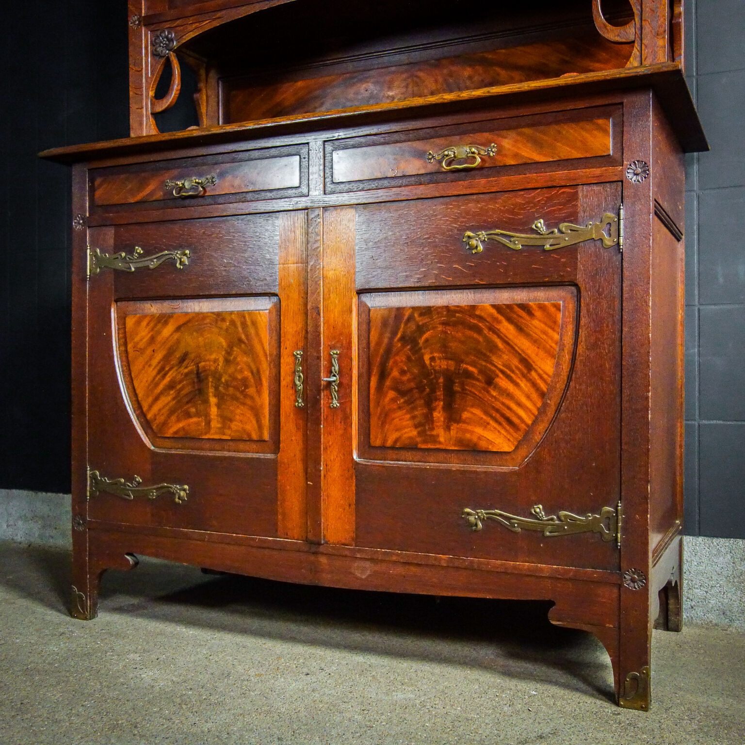 art nouveau cabinet with stained glass window, France circa 1910