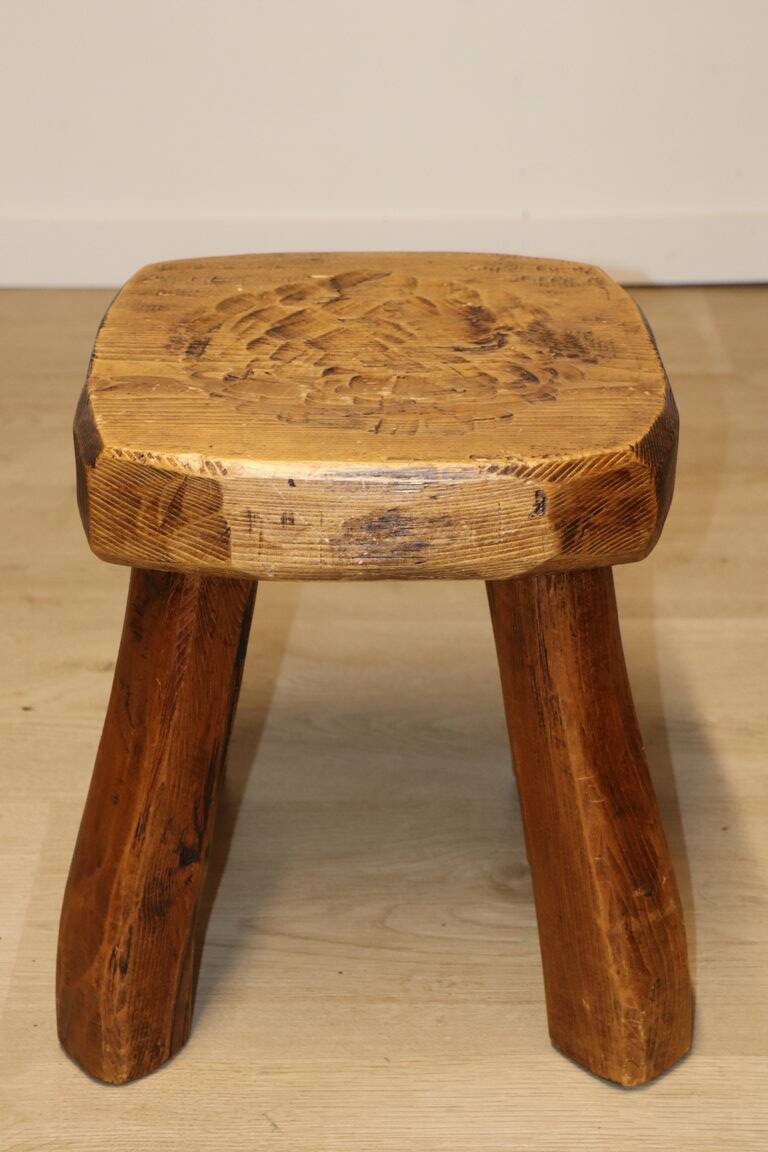 Vintage brutalist low stool in solid ash, 1960s