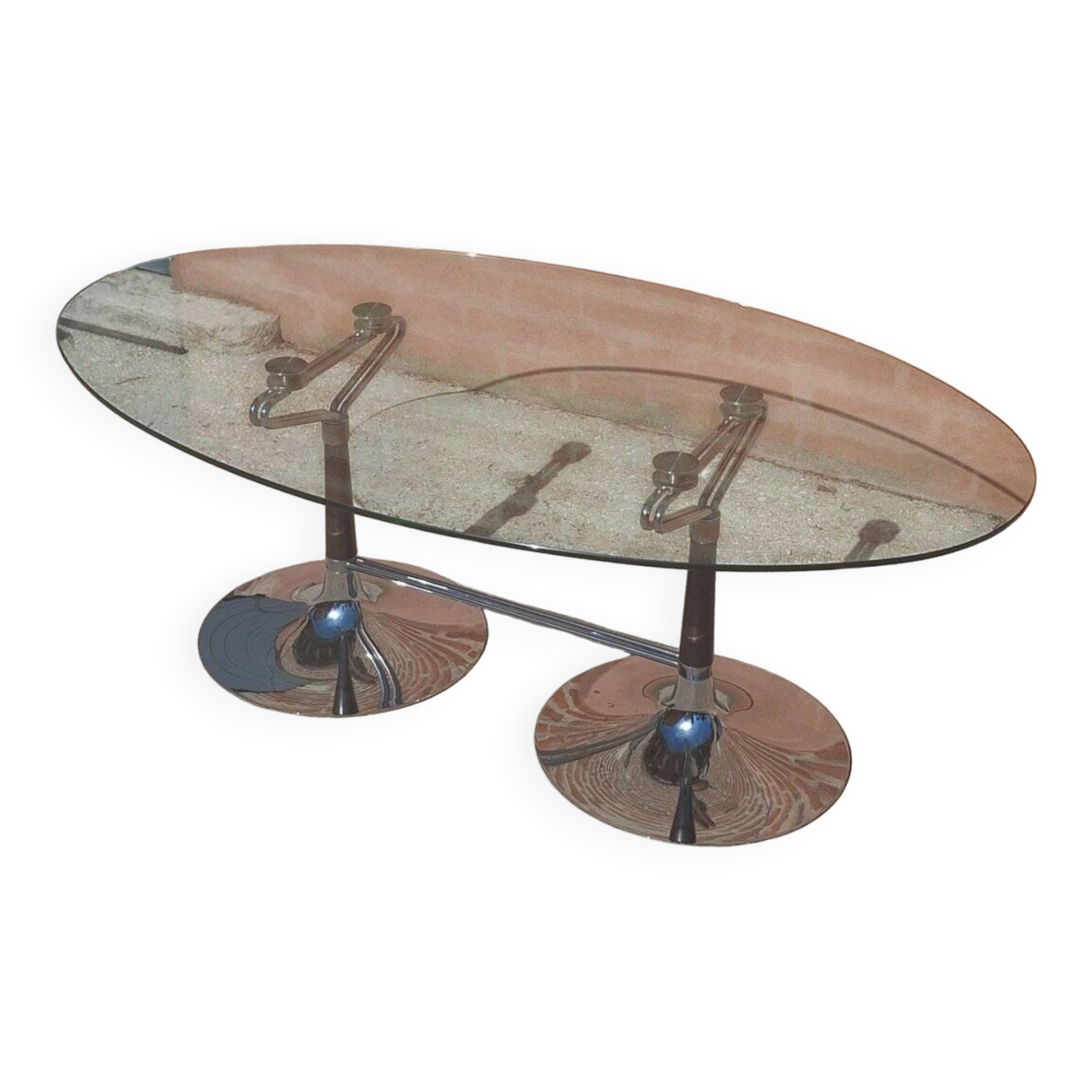 Table ovale Design années 70 – Verre, Chrome & Noyer