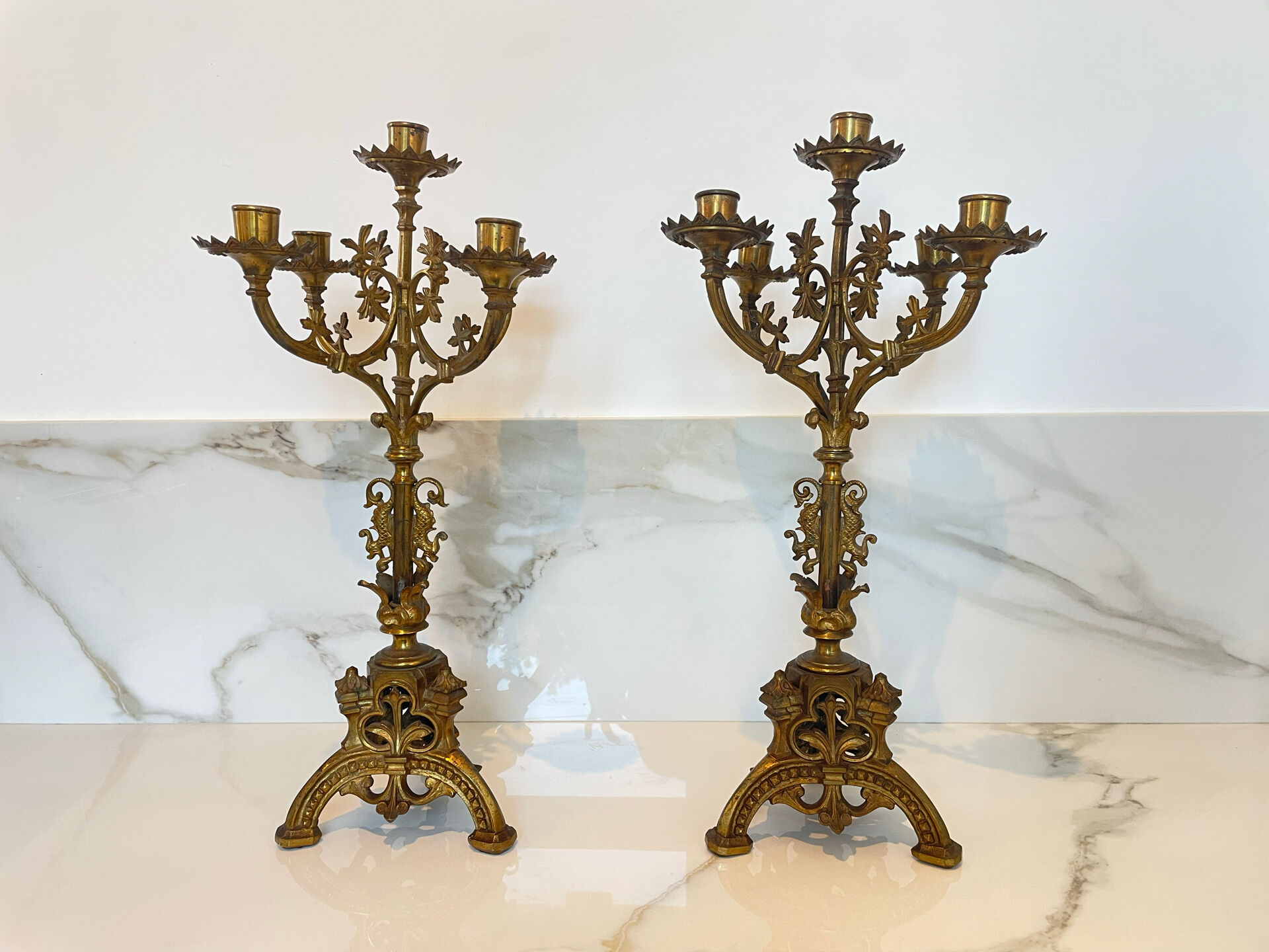Pair of church candelabra - 19th century - in bronze and brass, 5 lights / c