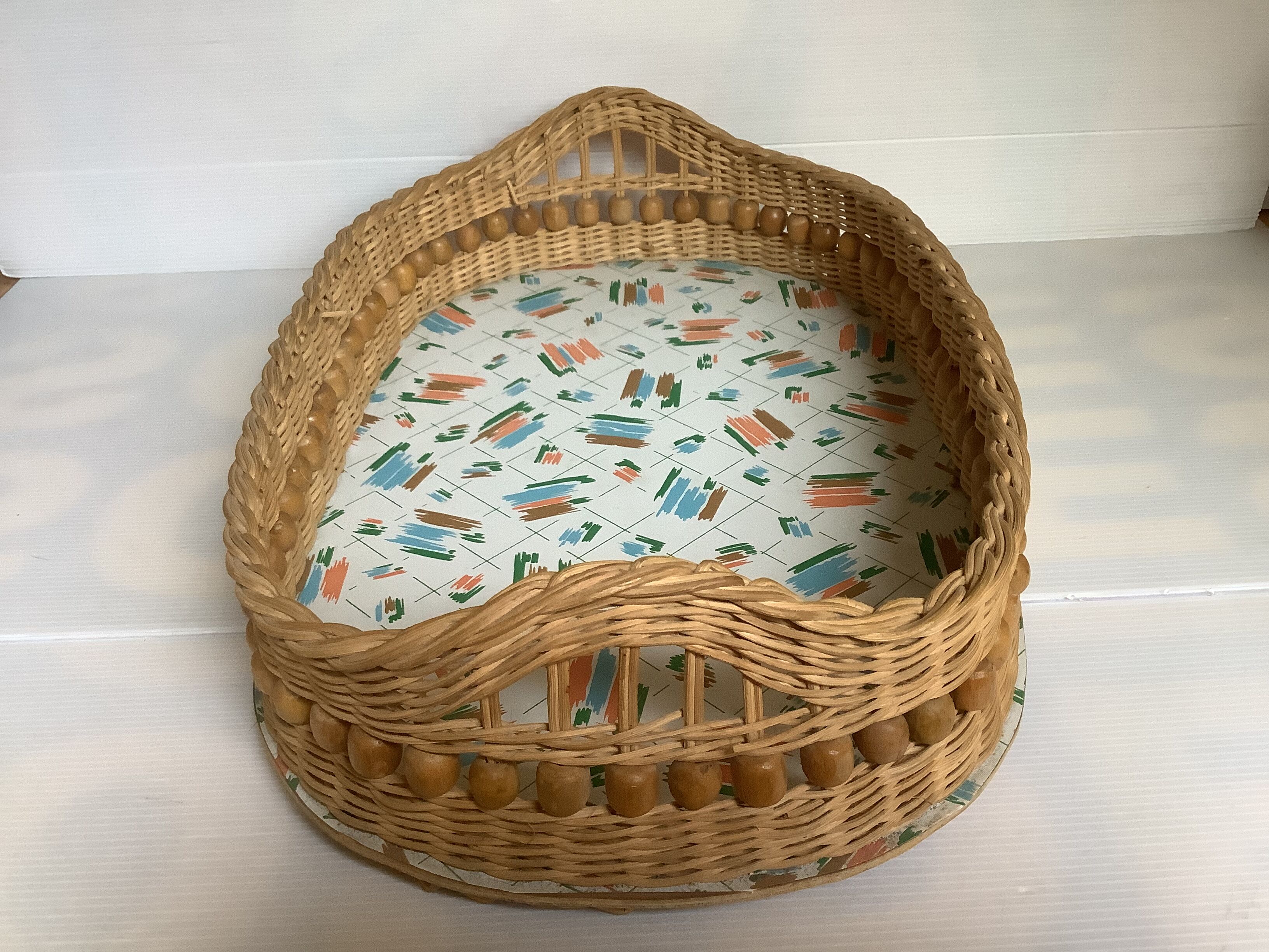 Old basket tray wicker rattan wooden beads