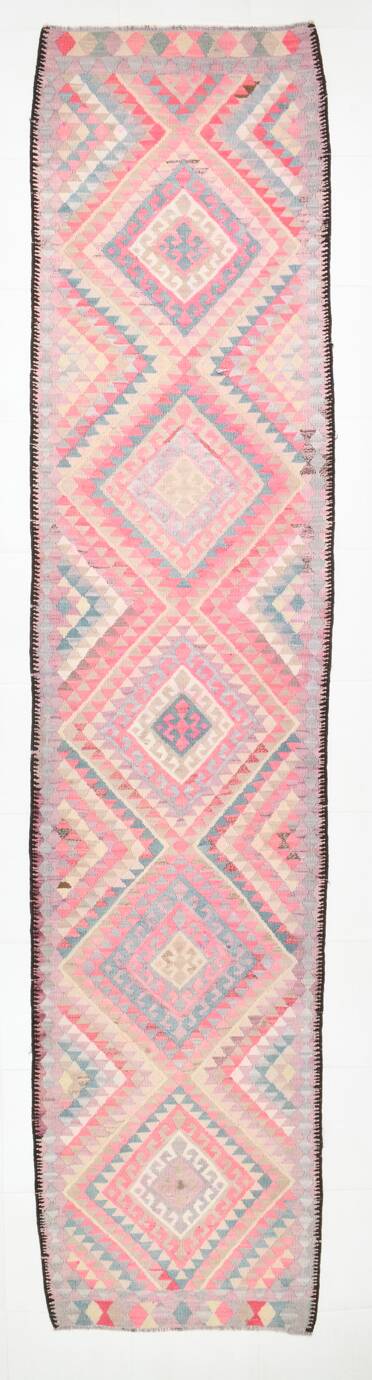 3x13 Soft Pink Turkish Vintage Runner Rug, 94x404Cm