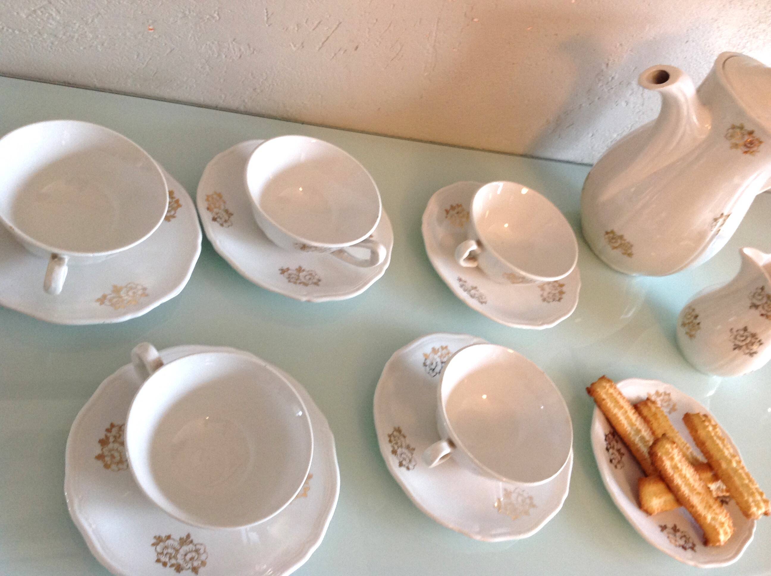 White porcelain coffee service with golden flowers / vintage 50s-60s