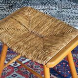 Tabouret style scandinave en paille et bois, années 1950