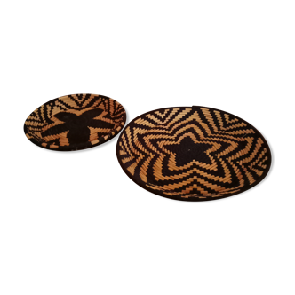 Two woven straw and wool baskets