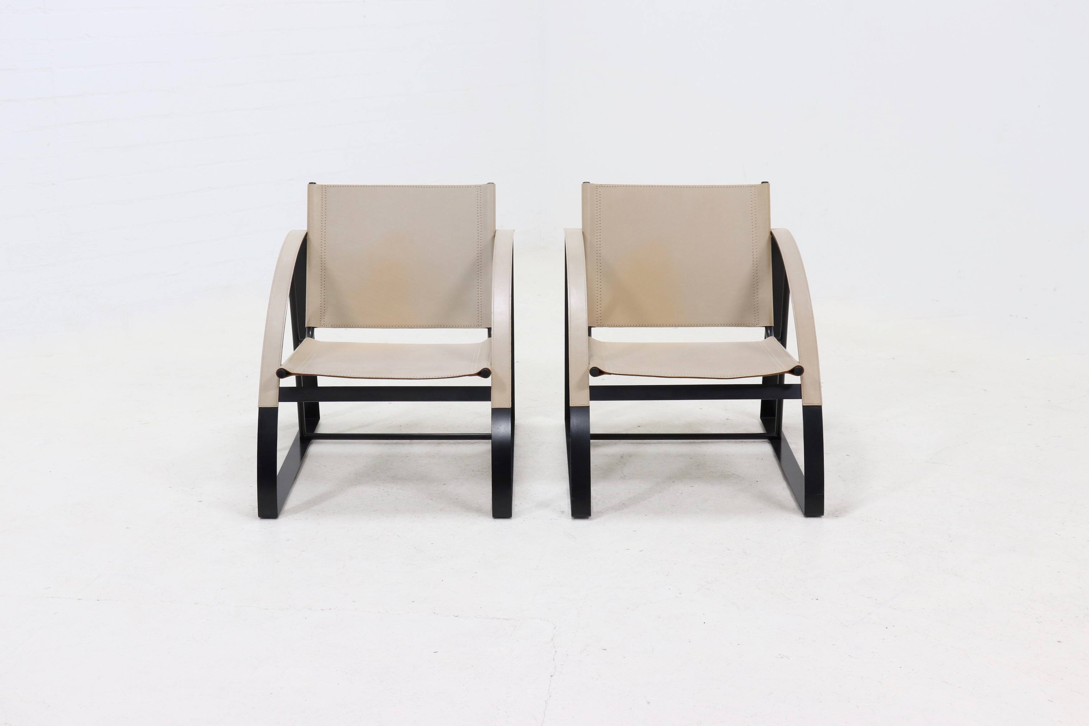 Set of 2 Post Modern Saddle Leather and Steel Armchairs 1970s