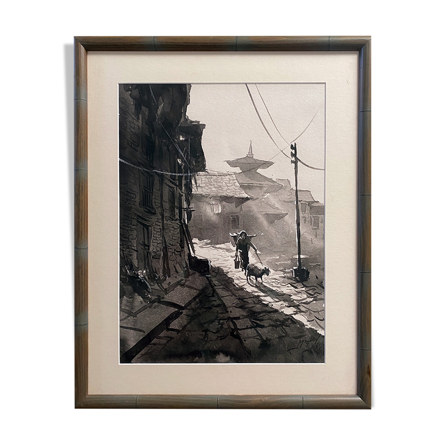 Indochinese school ink (XX °) signed "Bergère à la chévre" + frame