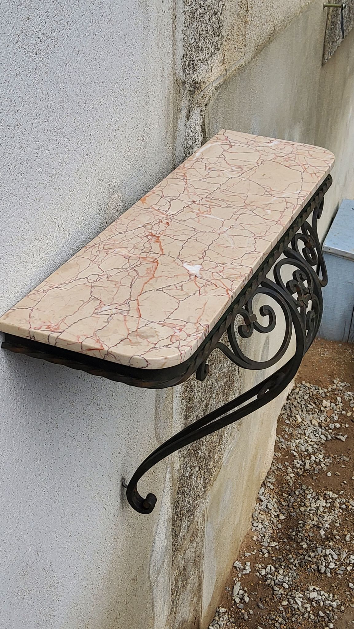 Console of wall lamp of the 50s in wrought iron and marble top