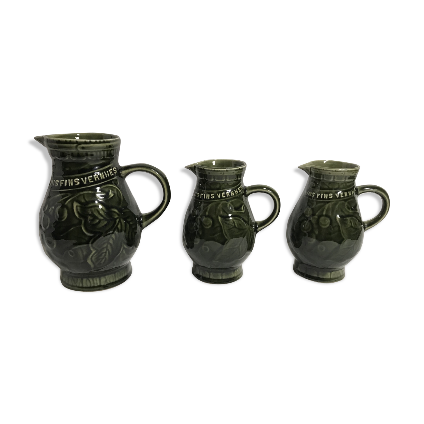 Lot 3 old pitcher SARREGUEMINES FRANCE ceramic green kitchen Vintage