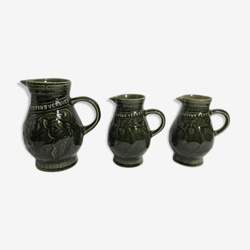 Lot 3 old pitcher SARREGUEMINES FRANCE ceramic green kitchen Vintage