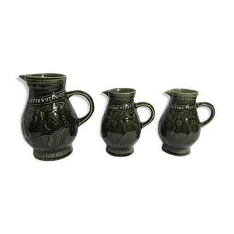 Lot 3 old pitcher SARREGUEMINES FRANCE ceramic green kitchen Vintage