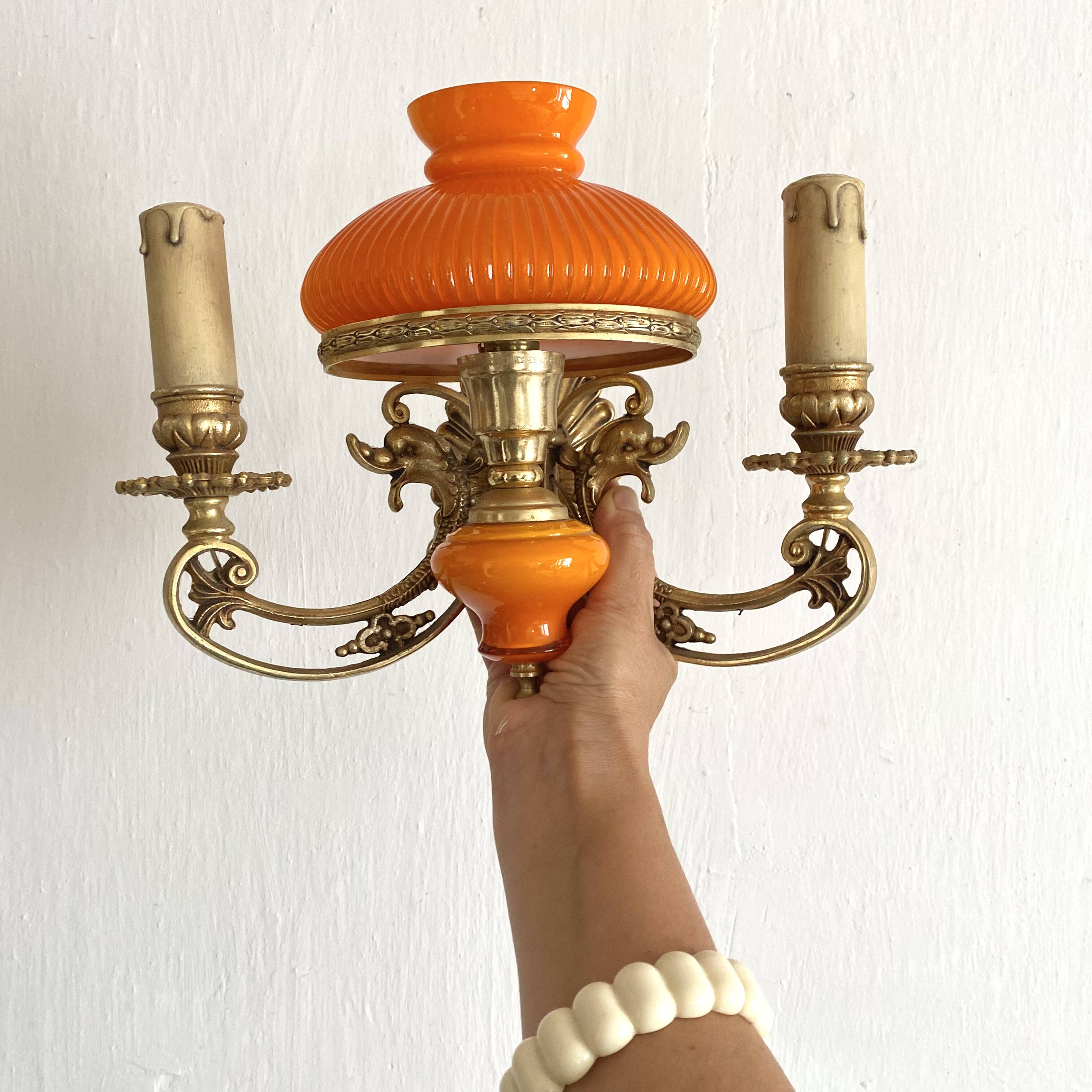 Double wall light in brass and orange opaline, 1960s.