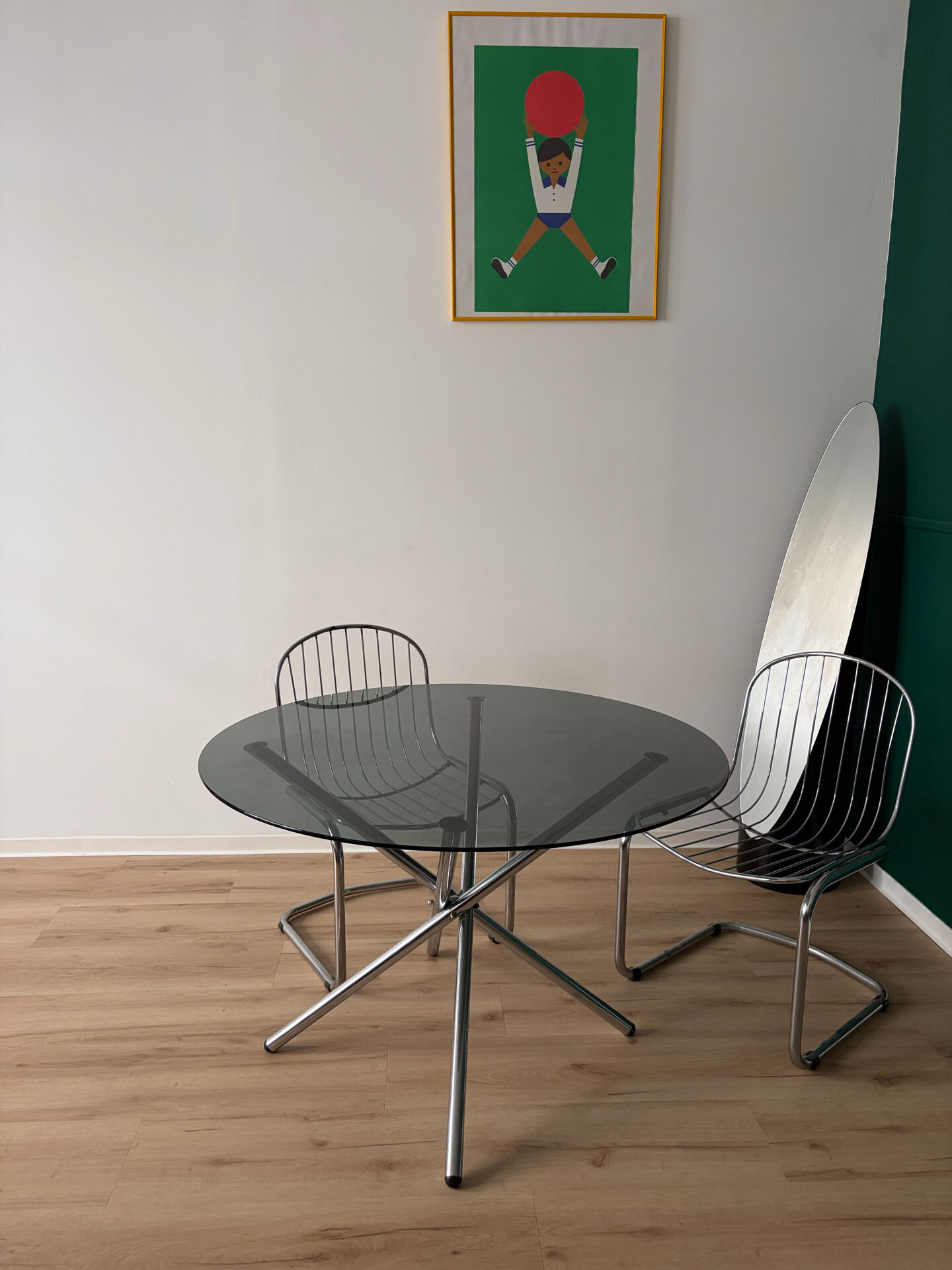 Table à manger plateau verre pieds chrome année 70