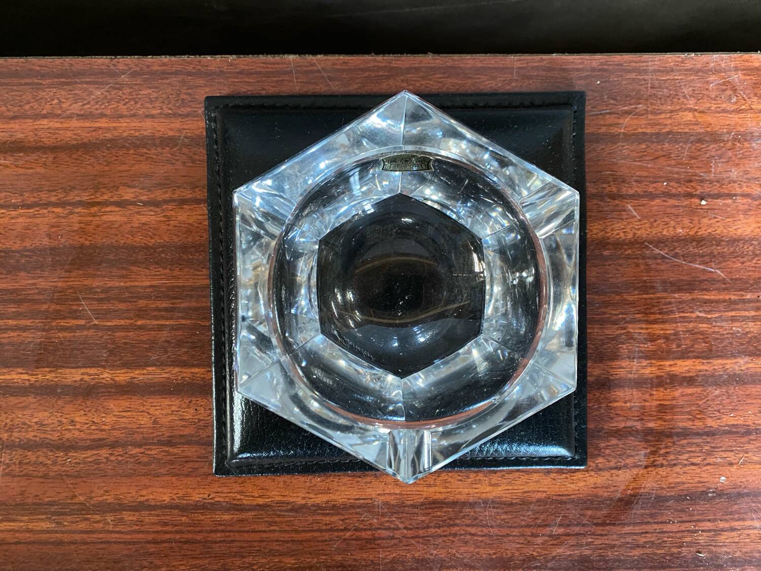 Old Val St Lambert Crystal Ashtray + Le Tanneur Leather Holder + Box