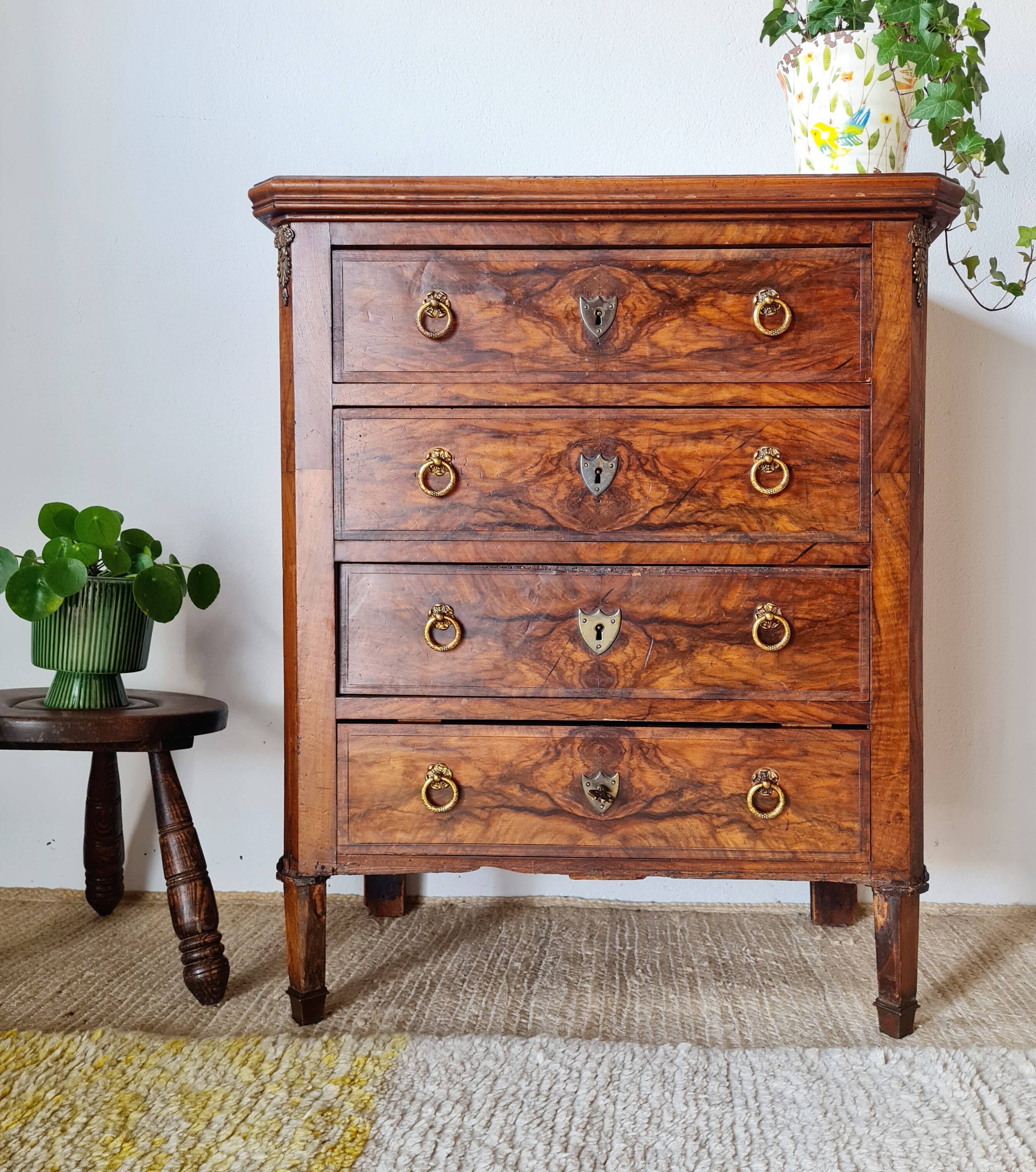 Antique Louis XV style walnut burl commode – 4 drawers