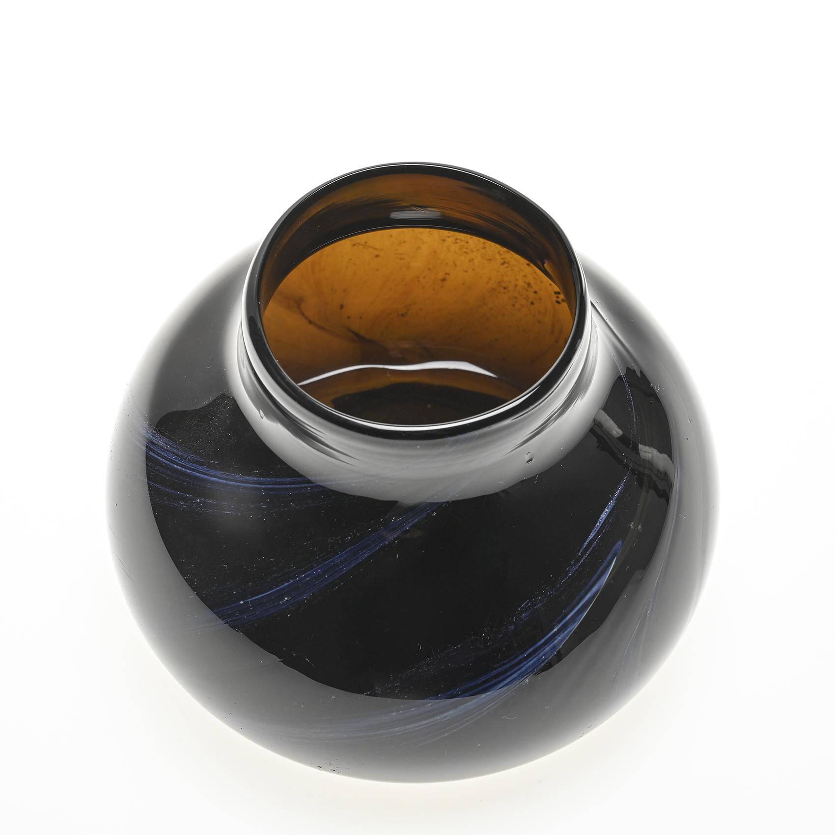 Brown blown glass vase with blue scrolls by Claude Morin, Dieulefit 1979