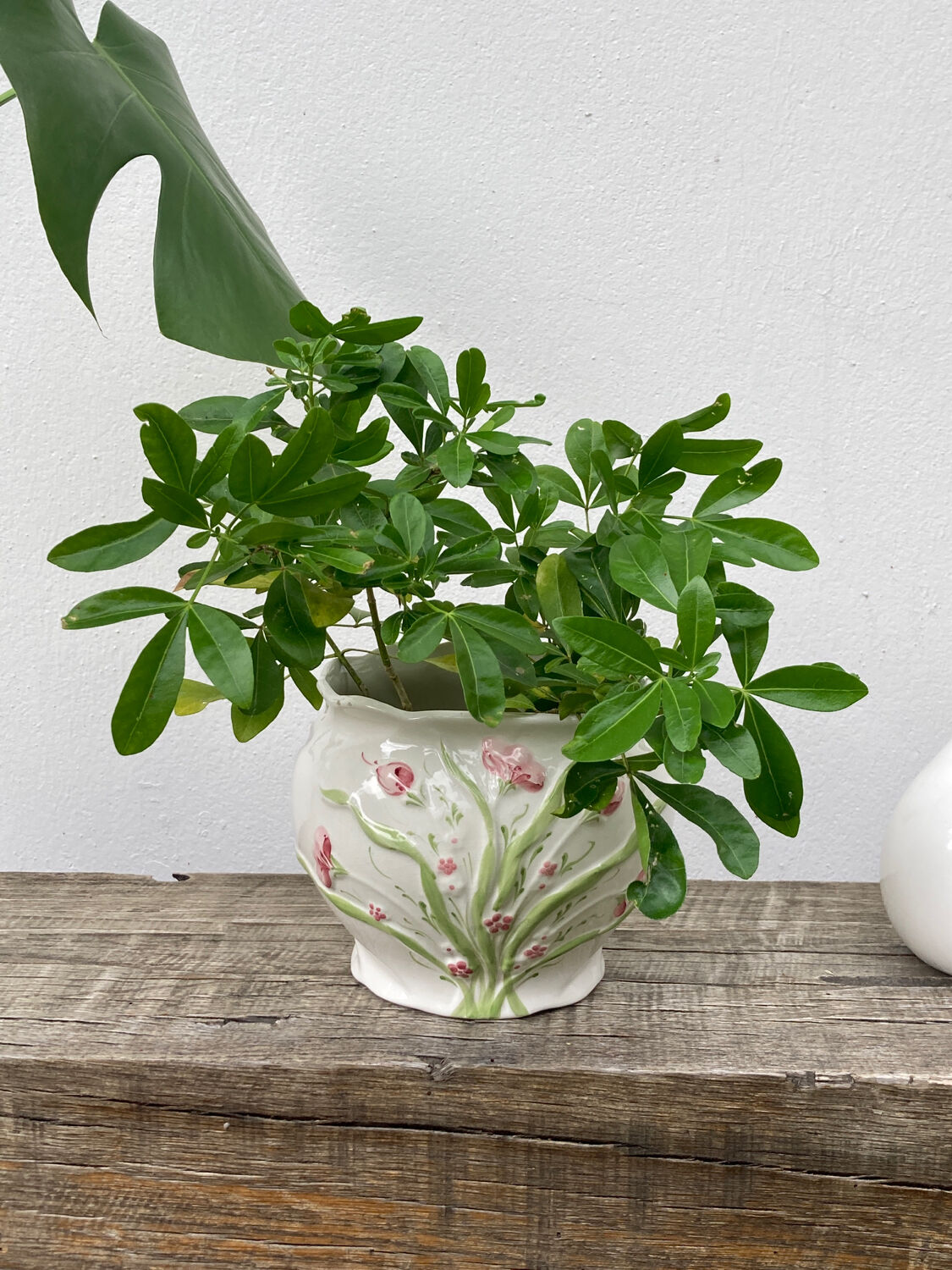 White ceramic pot cache in old flower slip