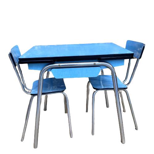 Extendable blue formica table and 2 chairs, 1960s