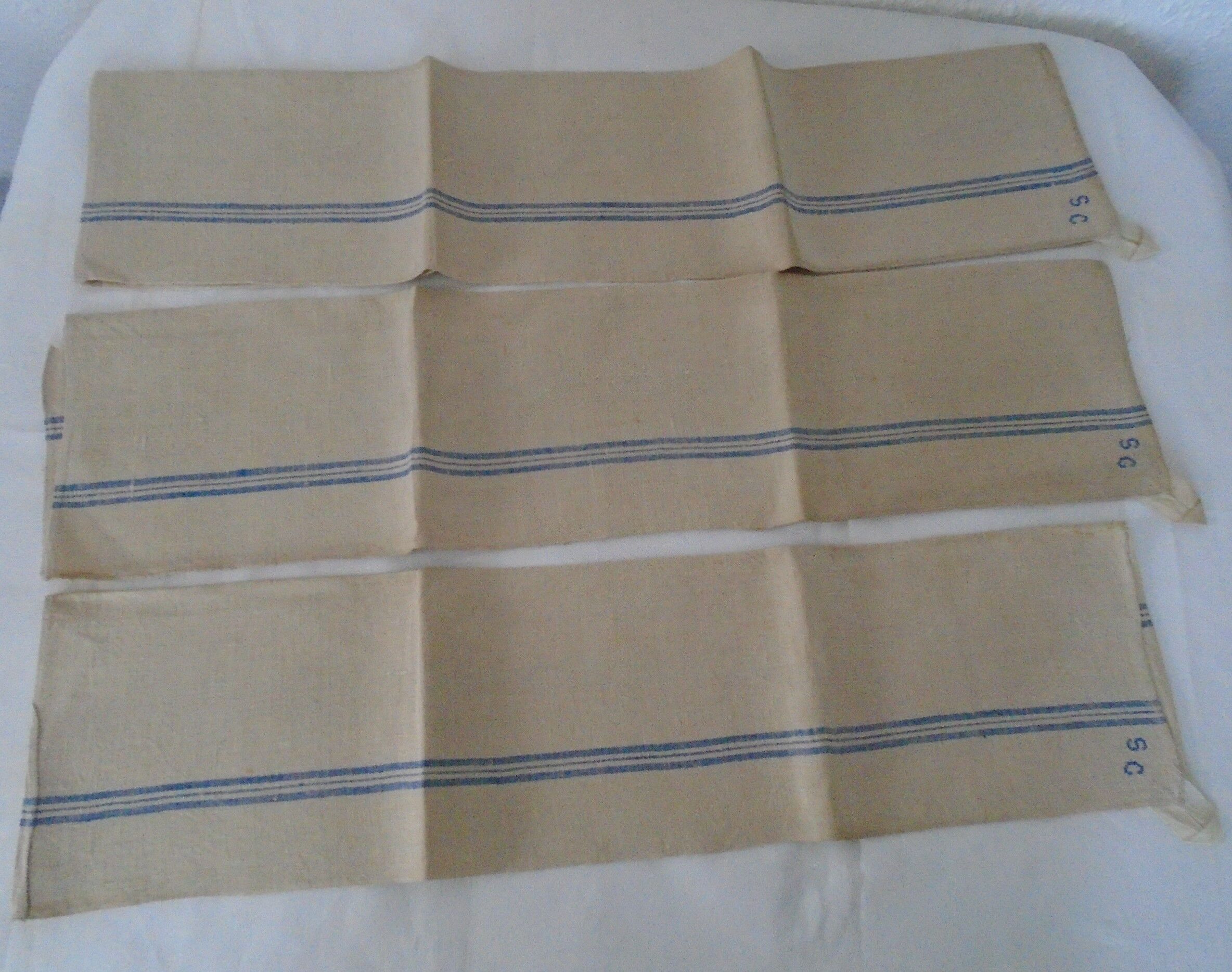 3 Old linen torchons blue stripes