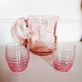 Pitcher and 2 glasses in pink glass