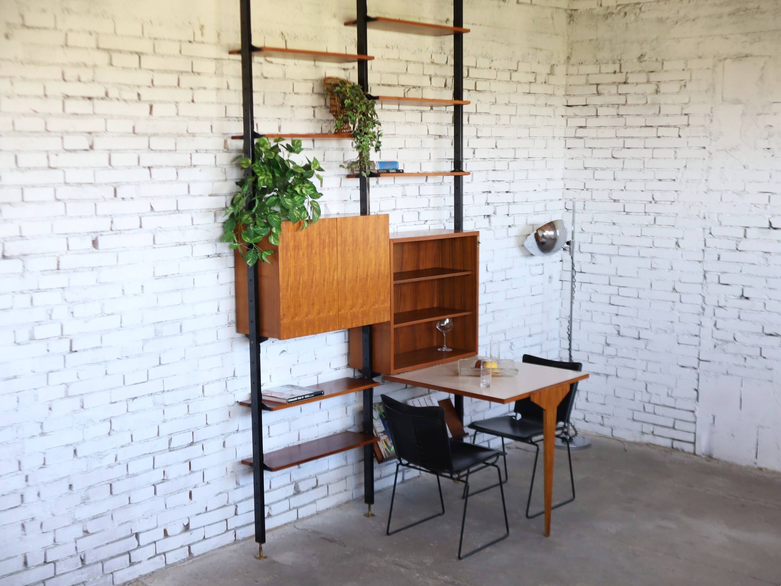 1950s mid-century wall unit teak and iron folding desk & cabinet module