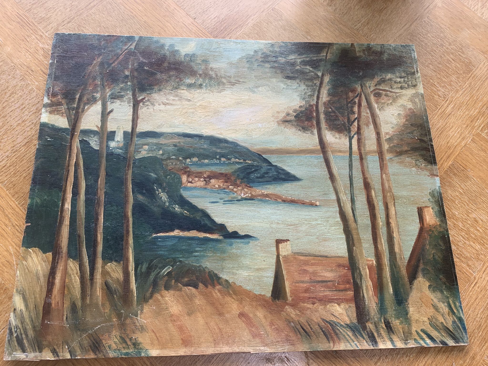 Painting on wood landscape by the water