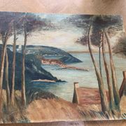 Painting on wood landscape by the water