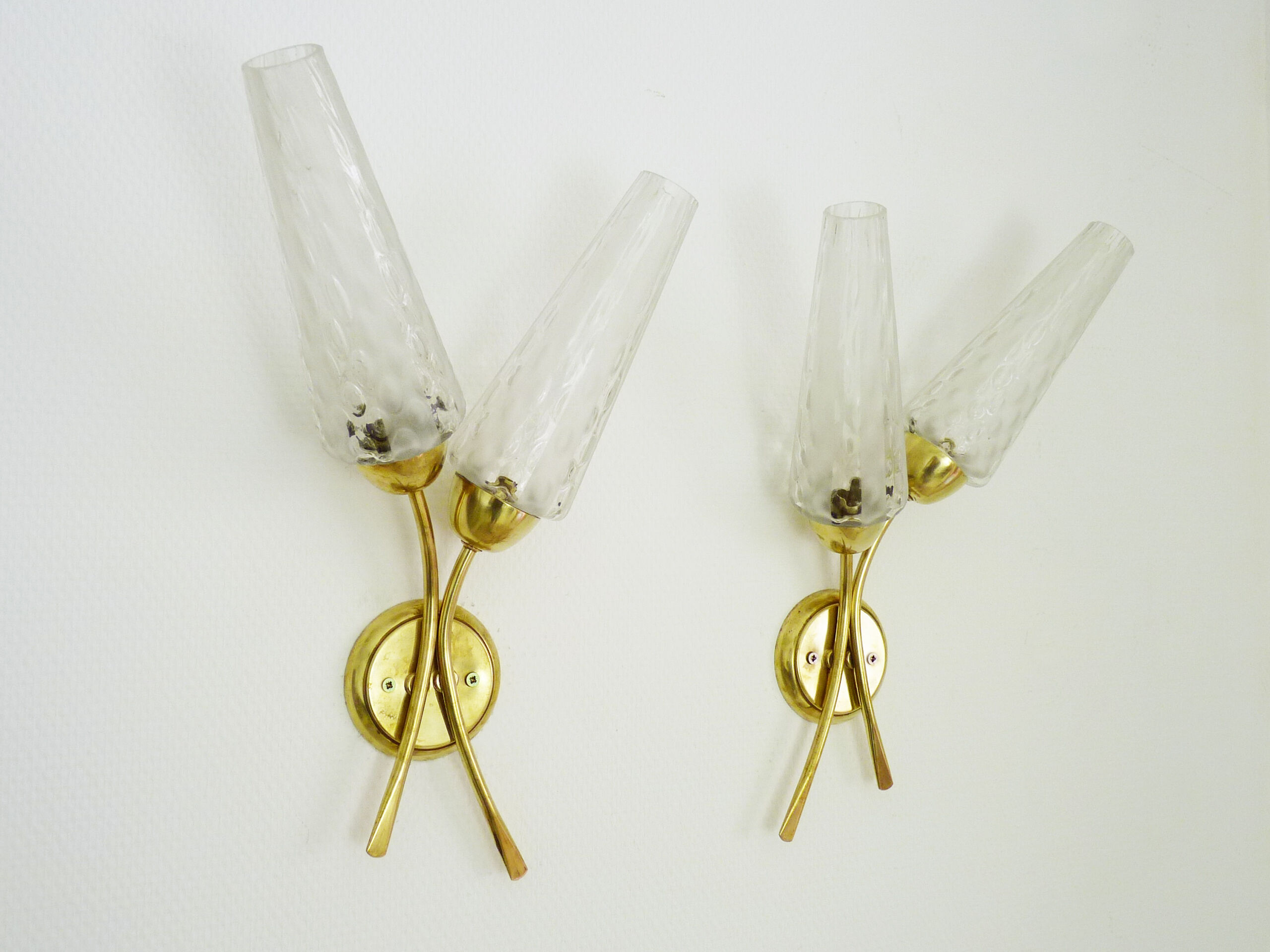 Pair of brass wall light double lights glass tubes. Year 50 60