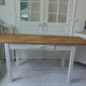 Farm table, leg and belt patinated pearl gray, waxed top medium oak.