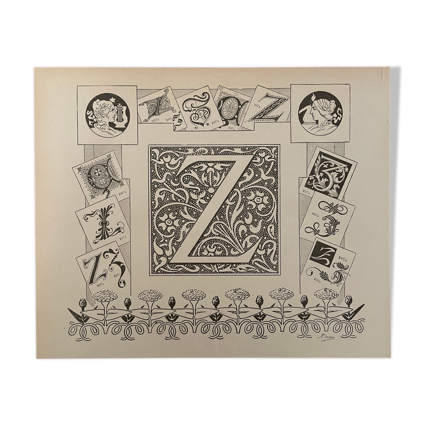 Lithograph engraving alphabet letter Z from 1897