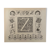 Lithographie gravure alphabet lettre Z de 1897