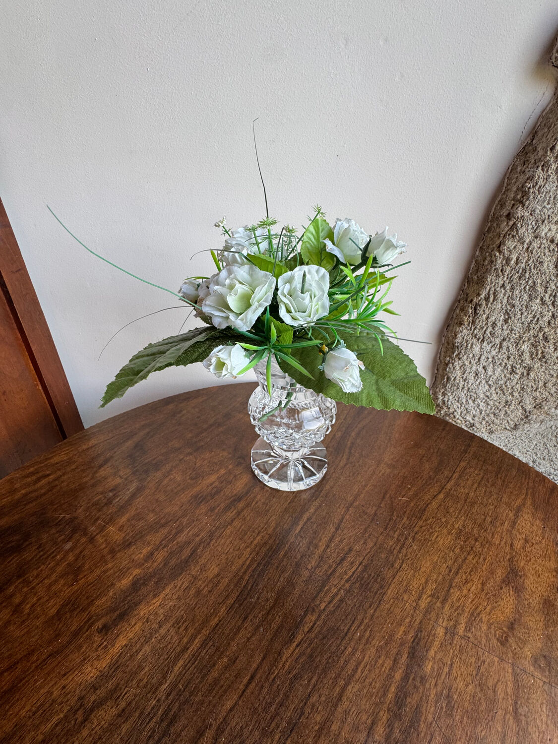 Cut and engraved crystal vase – vintage floral decoration