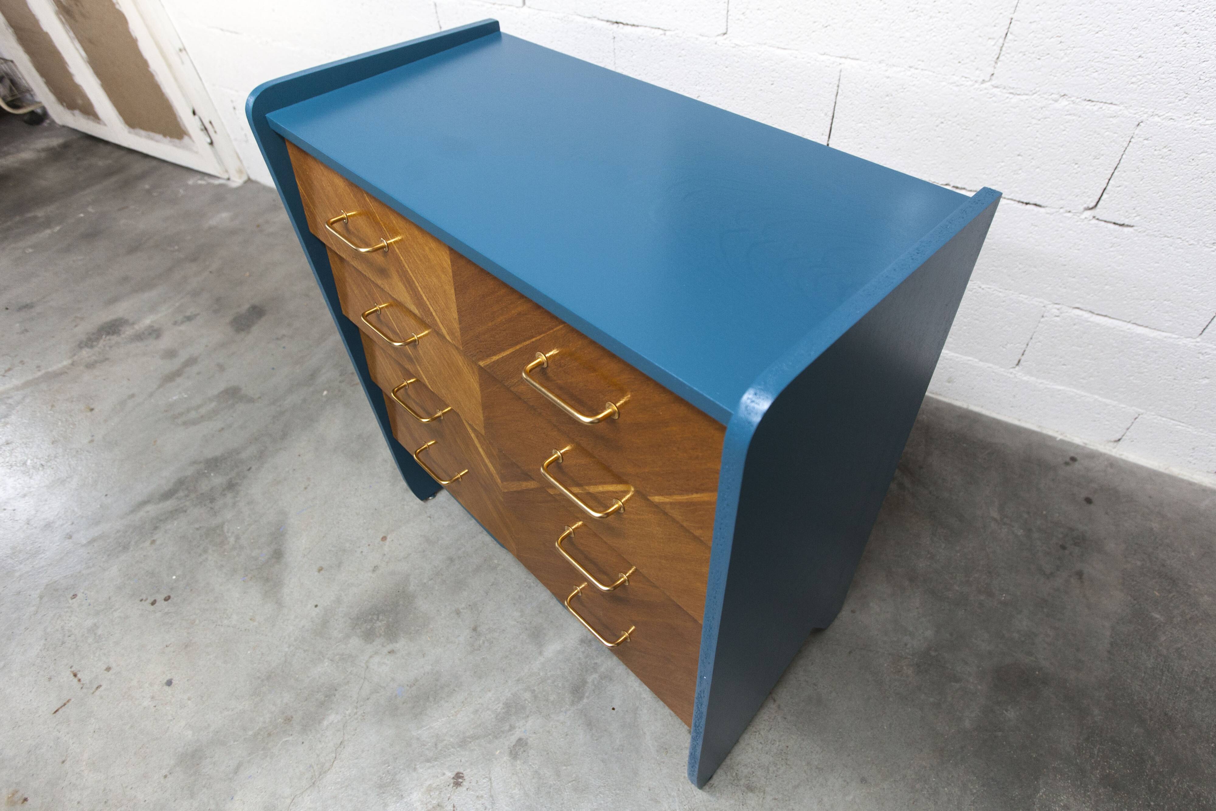 Commode scandinave 1960 atypique bleu Satiné 4 tiroirs