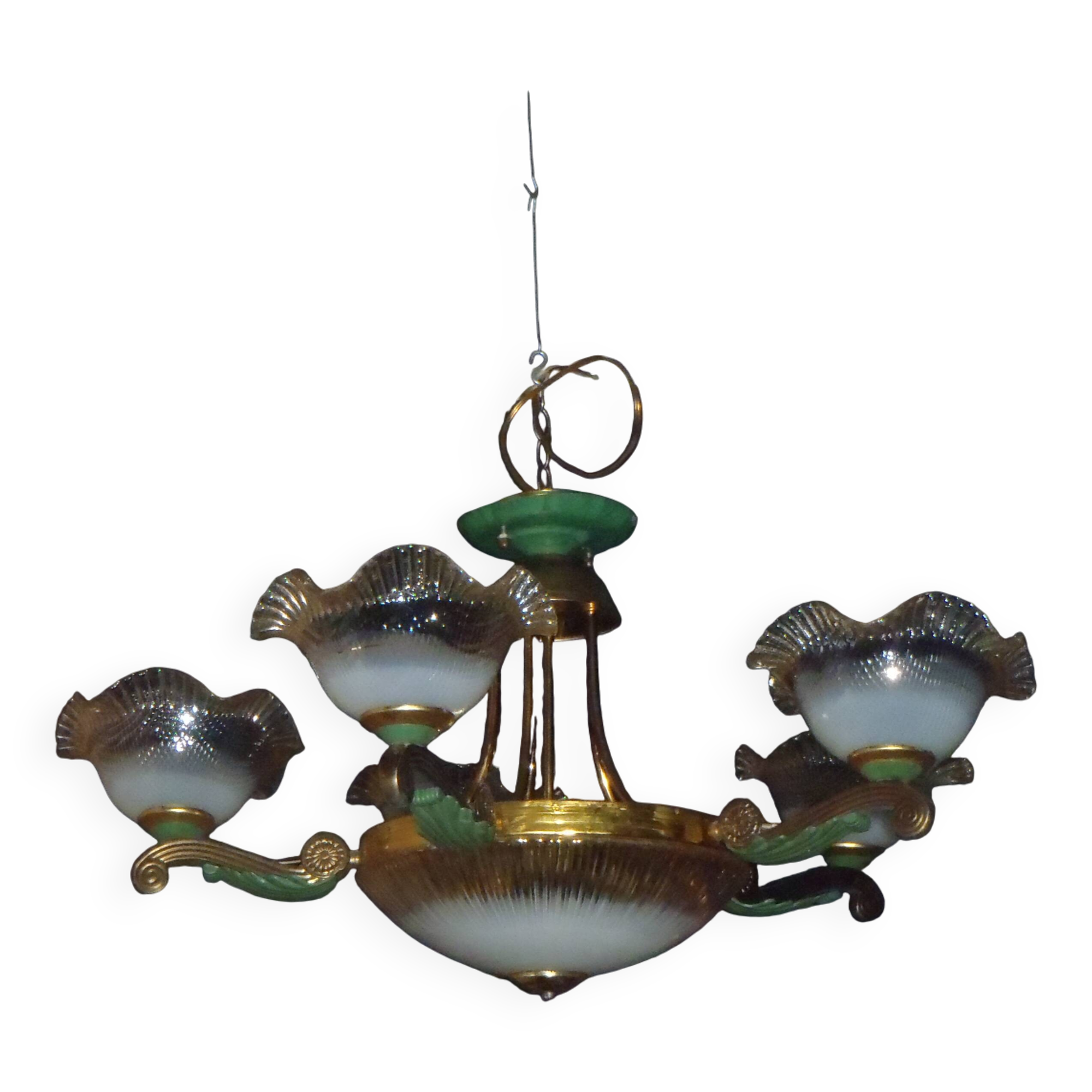7-light chandelier in glass and brass.