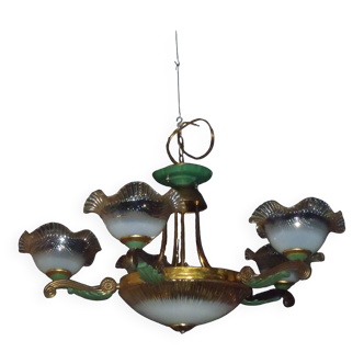 7-light chandelier in glass and brass.