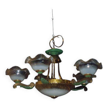 7-light chandelier in glass and brass.