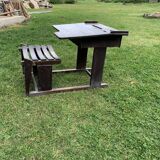 Brown painted wooden school desk for children, vintage 1920s set, slatted seat and storage.