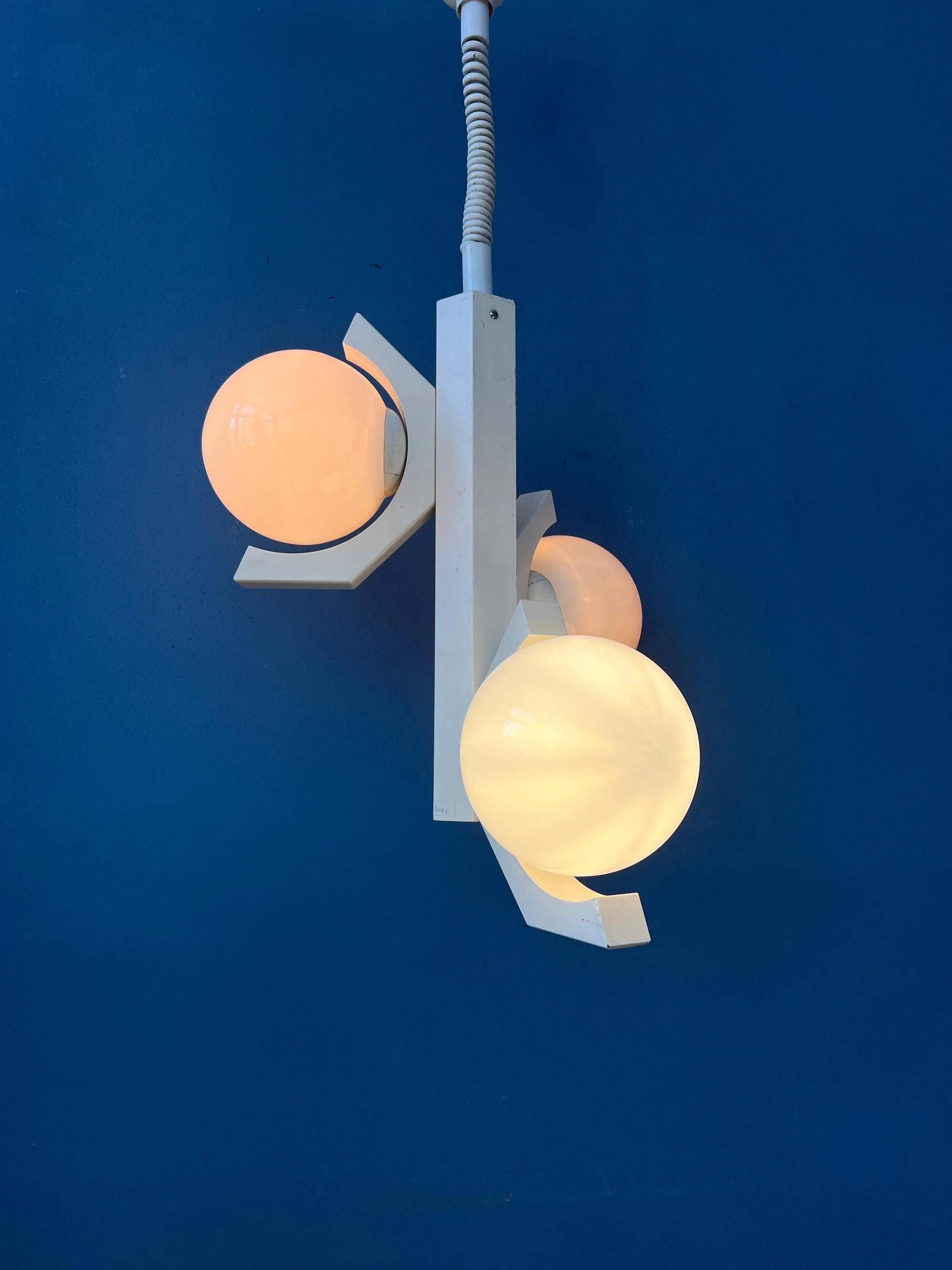 Mid-century white suspension with a bony design and opaline glass shade.