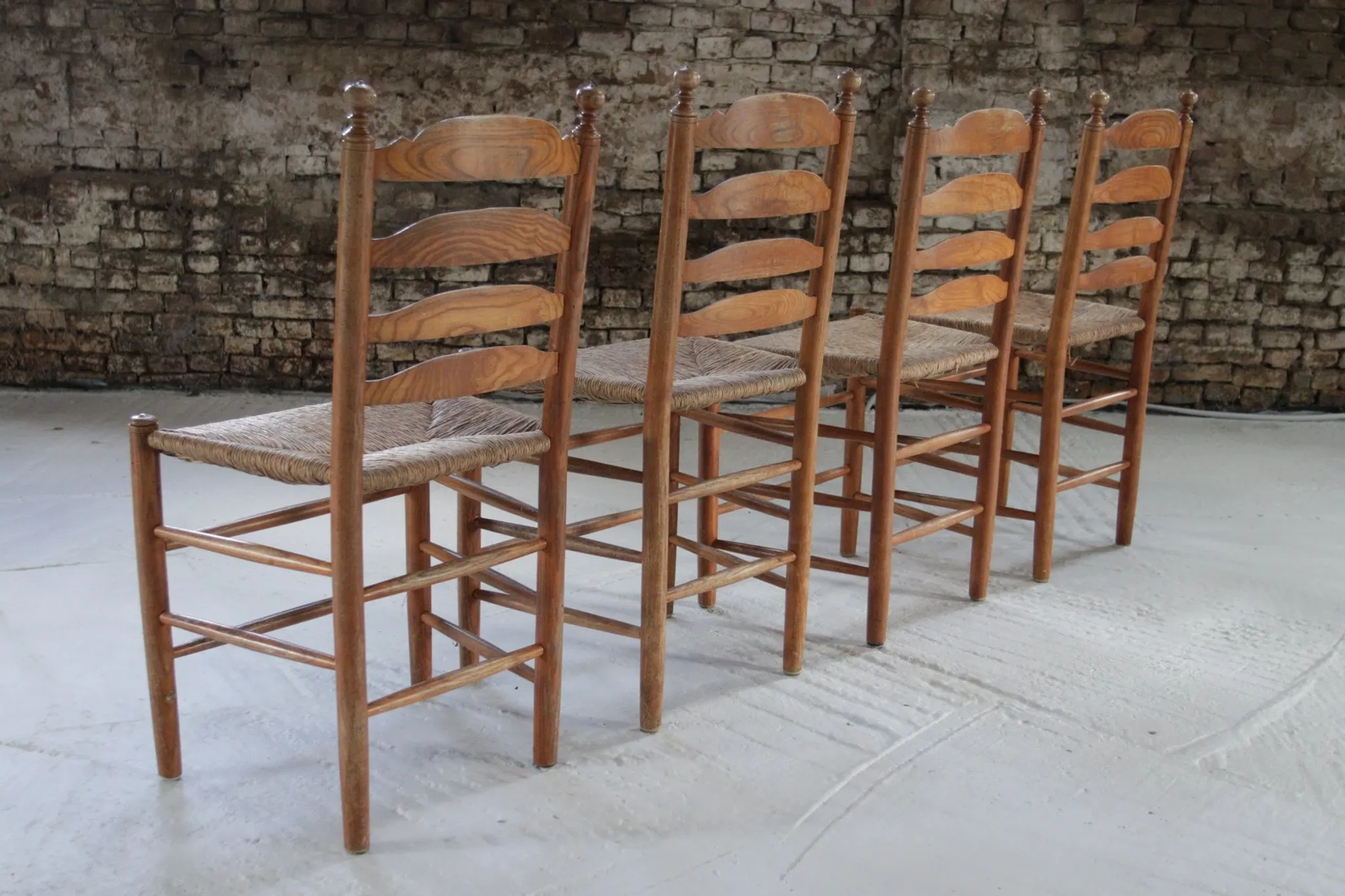 Set of 4 old Dutch oak ladderback chairs with rush seats – 1960s